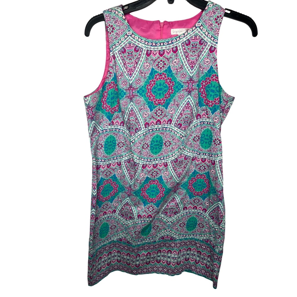 London Times Sleeveless Geometric Print Sheath Dress Women US 6 Pink Teal‎